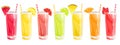 A set of freshly squeezed juices.Summer refreshing drinks, orange juice, grapefruit, lime, etc.