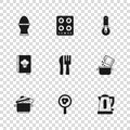 Set Fried eggs on frying pan, Cooking pot and spice, Electric kettle, Crossed knife fork, Pizza, Chicken stand, Gas