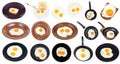 Set of fried eggs on plates and pans isolated Royalty Free Stock Photo