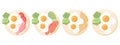 A set of fried eggs on plates. Various eggs. Fried eggs with bacon, fish, vegetables, toast.