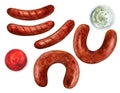 Set of fried sausages with sauce. Watercolor illustration on white background Royalty Free Stock Photo
