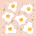 Set of Fried smiling eggs with dill, salt and pepper on pink background. Vector illustration in cartoon style. Flat omelet for Royalty Free Stock Photo