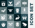 Set Frog, Butterfly, Octopus, Fish skeleton, Pig, Whale, Bag of food and Hippo or Hippopotamus icon. Vector