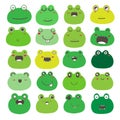 Set of frog face emoticons, Cute frog character design.