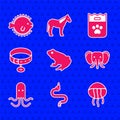 Set Frog, Snake, Jellyfish, Elephant, Octopus, Collar with name tag, Bag of food and Puffer icon. Vector