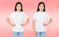 Set front view pretty korean,asian woman in tshirt isolated on pink background,blank