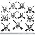 Set of front view skulls with lower jaw with different crossed arrows. Vector heraldic design elements isolated