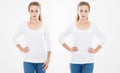 Set front view woman in a long sleeve shirt isilated on white background