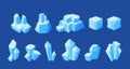 Set Of Frozen Ice Berg Pieces Design Elements. Floe Blocks, Floating Iceberg, Blue Winter Iced Lumps, Crystals