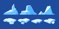 Set of Frozen Ice Floe Blocks, Floating Iceberg, Blue Winter Iced Lumps, Snowdrift Cap. Ice Cube With Slippery Surface