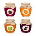 Set of fruit and berry jams in glass jars. Vector illustration of apricot, plum, black currant and apple jelly