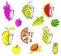 Set of bright, juicy fruits and stylish multicolored glasses with soda or juice.