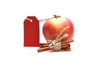 Set of fruit, cinnamon sticks and empty red price tag. Royalty Free Stock Photo