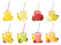 Set of fruit cocktail or smoothies. Plastic transparent cups for smoothie with striped pipe. Strawberry, lemon, orange, kiwi,