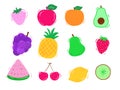 Set of fruit doodles with colorful designs isolated on white background