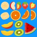 Set of fruit halves. Slices of apple, peach, kiwi, orange, banana, watermelon, strawberry.Vector icons