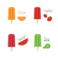 Set fruit ice. Strawberry, Orange, Watermelon and Kiwi popsicle on a stick. Lettering and picture Royalty Free Stock Photo