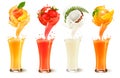 Set of fruit juice splash in a glass. Strawberry, peach, coconut Royalty Free Stock Photo