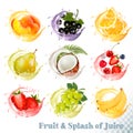 Set of fruit juice splash . Peach, orange, pear,