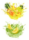 Set of fruit juice splash. Whole and sliced pineapple, mango, peach lime, orange, banana in juice or cocktail Royalty Free Stock Photo