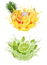 Set of fruit juice splash. Whole and sliced pineapple, mango, peach lime, orange, banana dragon in juice or cocktail with splashes Royalty Free Stock Photo