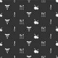 Set Fruit, Knife, Sausage on the fork and Grilled shish kebab skewer on seamless pattern. Vector