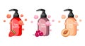 Set of fruit liquid soap bottles, cherry, raspberry and peach soap with soap bubbles. Icons, decor elements