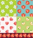 Set of Fruit seamless pattern.Strawberry,Apple,hearts,flowers