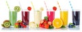 Set of fruit smoothies fruits orange juice drink straw in glass isolated on white Royalty Free Stock Photo