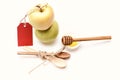 Set of fruit, wooden spoons and empty red price tag. Royalty Free Stock Photo