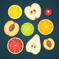 Set fruits. Apricot, kiwi, green, lemon, lime, orange, peach, pear, cherry flat illustration
