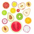 Set fruits. Apricot, kiwi, green, lemon, lime, orange, peach, pear, cherry flat illustration Royalty Free Stock Photo