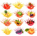 Set of fruits and berries in juice splashes. Watermelon, pineapple, grape. papaya, banana, mango, passion flower, raspberry,