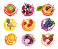 Set of fruits and berries in juice splashes. Watermelon, pineapple, grape. papaya, banana, mango, passion flower, raspberry,