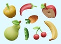 Set of fruits, berries, vegetables, legumes, spices. Vector floating illustration