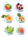 Set of fruits and berries in water splash. Apricot, watermelon, cherry, papaja, pineapple, limon, orange, mint, strawberry? Royalty Free Stock Photo