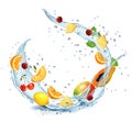 Set of fruits and berries in water splashes. Apricot, watermelon, cherry, papaja,