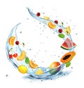 Set of fruits and berries in water splashes. Apricot, watermelon, cherry, papaja, pineapple, limon, orange, mint, mango in water Royalty Free Stock Photo