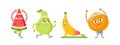 Set of Fruits Characters Sport Exercises and Yoga Meditation. Funny Pear, Banana, Watermelon and Orange Sportsmen
