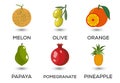 Set of fruits. Different colorful fruits. Fresh food, healthy eating concept.