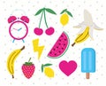 Set of fruits and icons pop art style Royalty Free Stock Photo