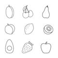 Set of fruits outline vector illustration. Apple, lemon, pear, cherries, strawberry, kiwi, plum and avocado. Simple flat design Royalty Free Stock Photo