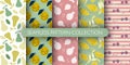 Set of fruits seamless pattern. collection of patterns - lemon with leaves, pomegranate, cherry, pear, apple