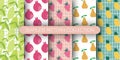 Set of fruits seamless pattern. collection of patterns - lemon with leaves, pomegranate, strawberry, pear, pineapple