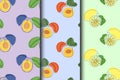 Set of fruits seamless patterns. Continuous one line drawing. Black line art with colorful spots. Plum, peach lemon. Royalty Free Stock Photo