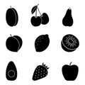 Set of fruits silhouettes vector illustration. Apple, lemon, pear, cherries, strawberry, kiwi, plum and avocado Royalty Free Stock Photo