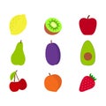 Set of fruits vector illustration. Apple, lemon, pear, cherries, strawberry, kiwi, plum and avocado. Simple flat design Royalty Free Stock Photo