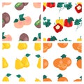 Set of fruits and vegetables seamless patterns. Kiwi, peaches, pears, oranges, bell peppers, parsley, fruit prints