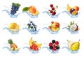 Set of fruits and vegetables in water splashes. Apricot, watermelon, cherry, raspberry, blackberry, coconut, pear, sweet melon,