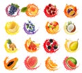 Set of fruits and vegetables in water splashes. Apricot, watermelon, cherry, Royalty Free Stock Photo